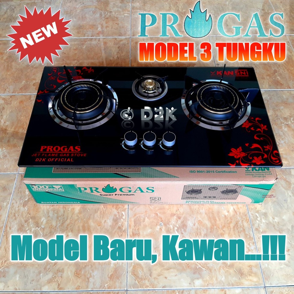 PROGAS PG-333 Kompor Gas Tanam/Biasa 3 Tungku Body Kaca -2 api api