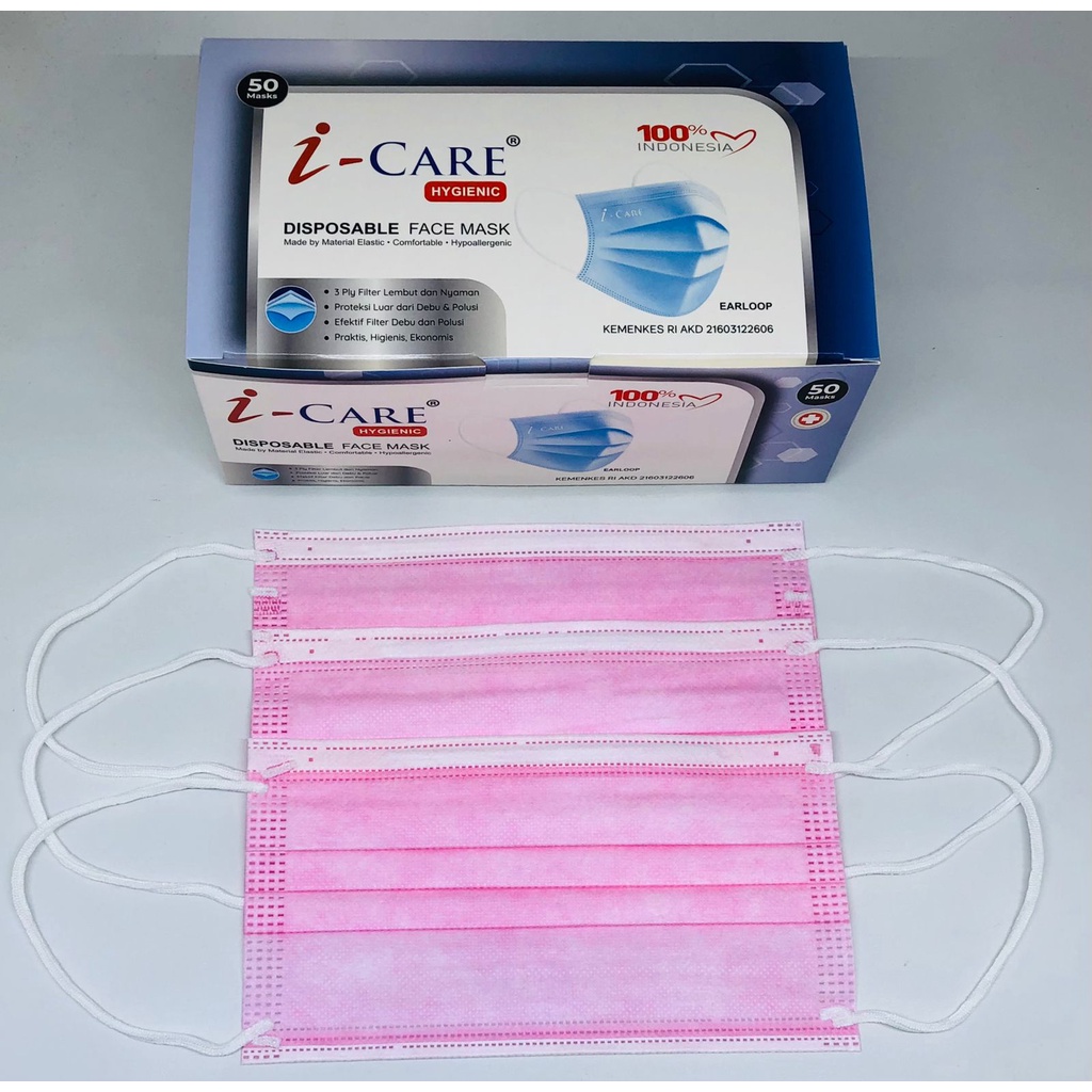 Masker Pink / Merah i-Care 3ply isi 50pcs face mask earloop Icare