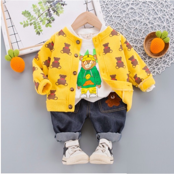 3 IN 1 BOY SET/SETELAN ANAK LAKI LAKI IMPORT/CELANA PANJANG JEANS/BAJU KEMEJA KOTAK+CARDIGAN TEDDY