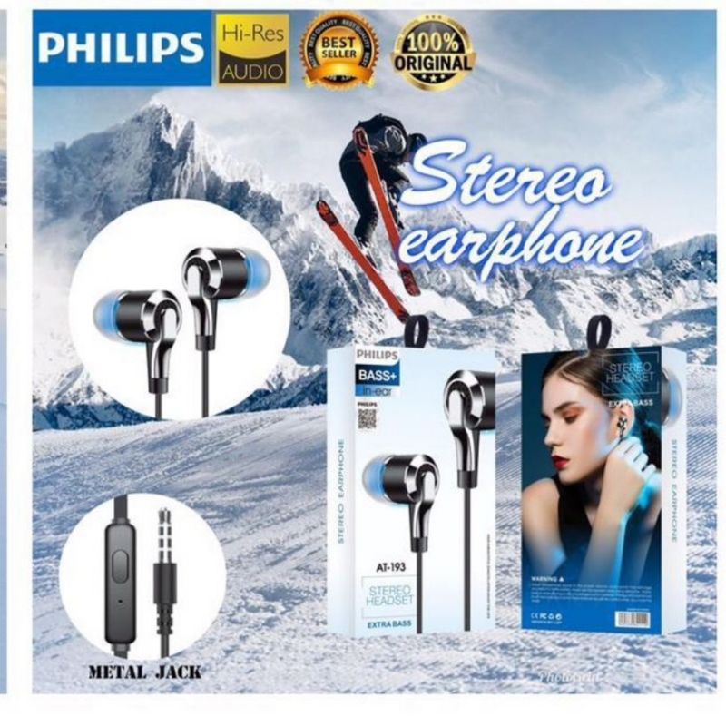 Handsfree Headset Earphone Philips AT-193 Plus Mic Stereo Suara Bagus