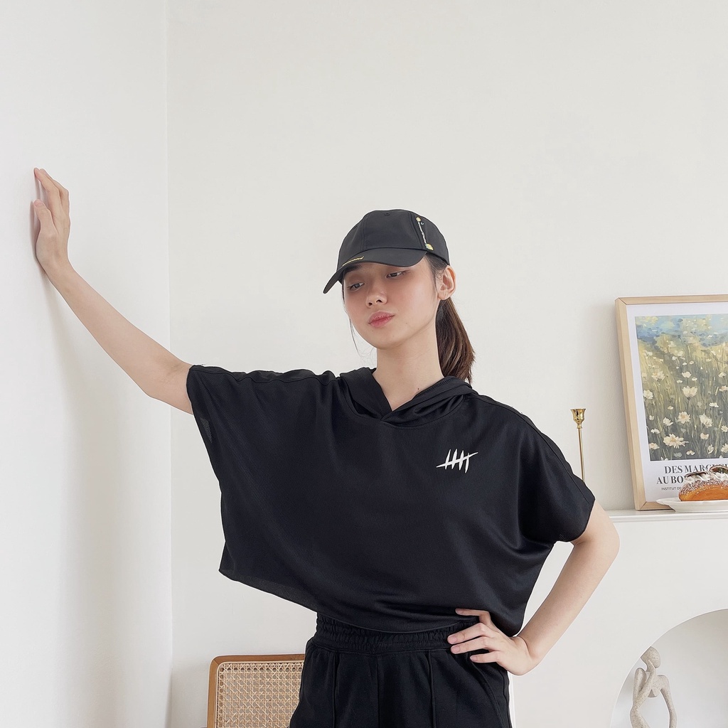 DONSON Hoodie Lengan Pendek Luaran Atasan Crop Wanita Warna Hitam