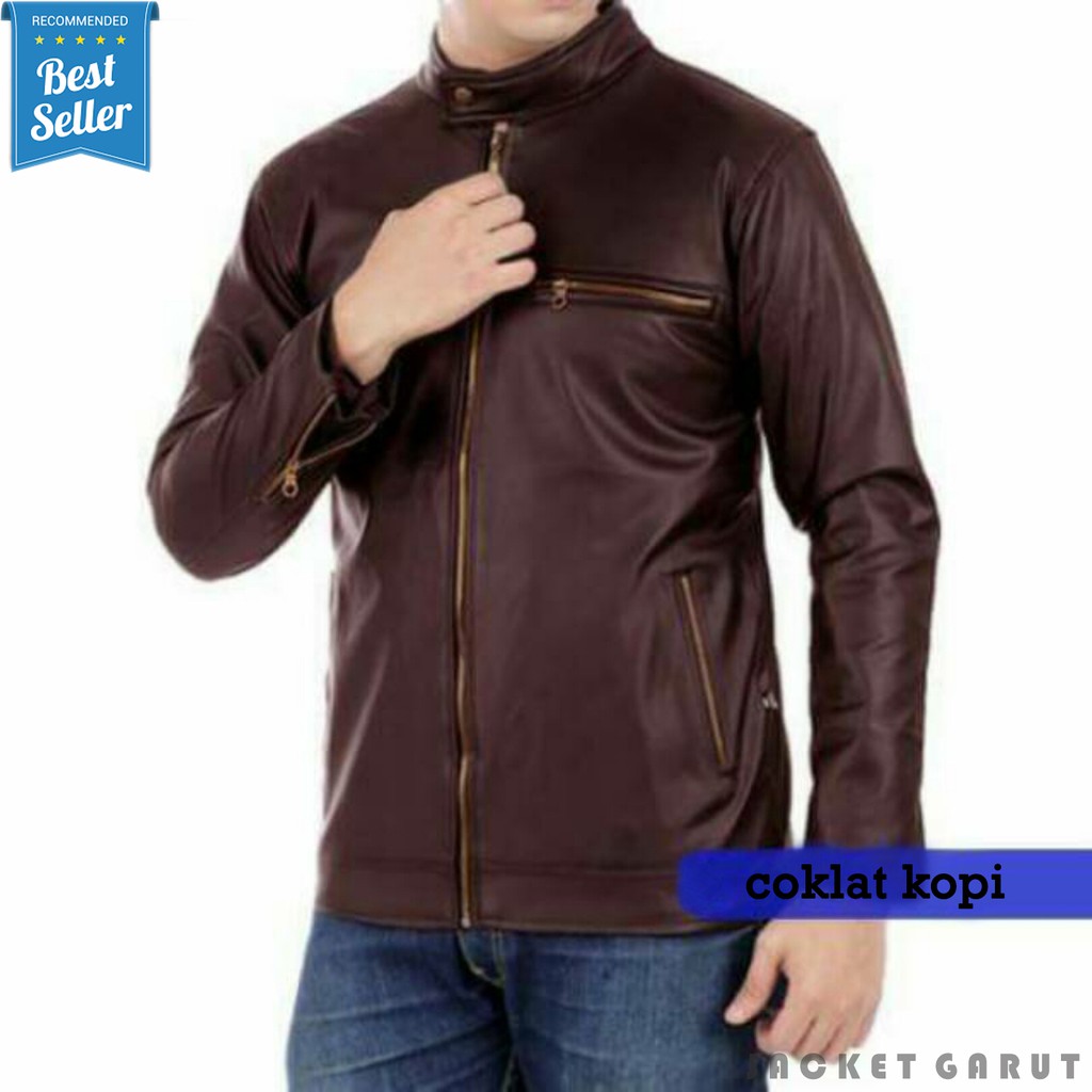 JAKET PRIA KULIT SINTETIS ABG POLOS COKLAT KOPI