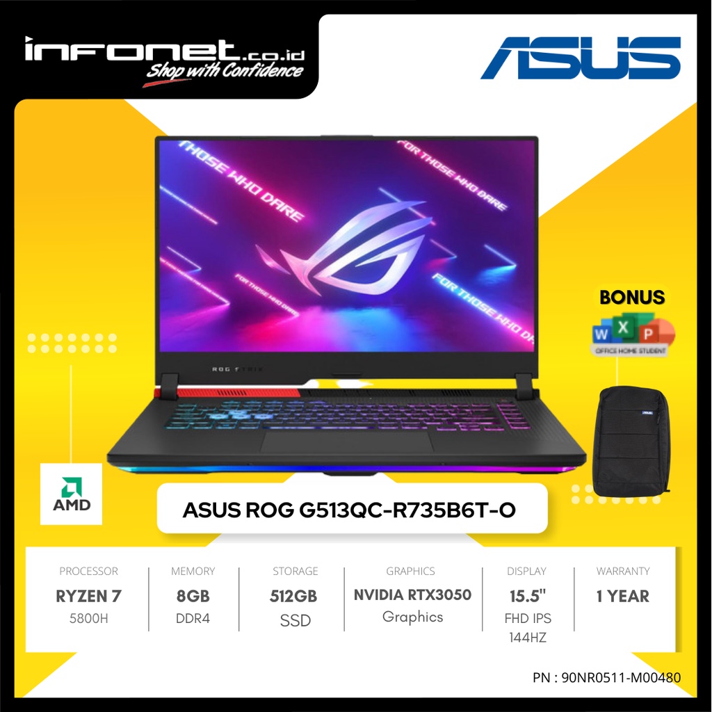 ASUS G513QC-R735B6T-O RYZEN 7 5800H 8GB 512GB SSD RTX3050 4GB 15.5" FHD IPS 144Hz W10 OHS