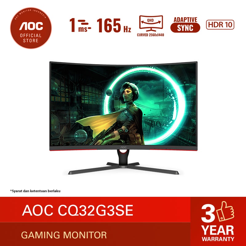 AOC CQ32G3SE Curved Gaming Monitor (31.5&quot;/VA/1ms/165Hz/QHD/1000R)