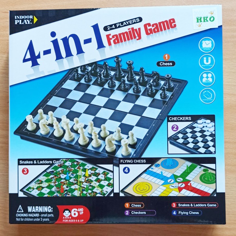Board Game 4 in 1 Family Game Chess, Checkers, Ludo, Snake ladder