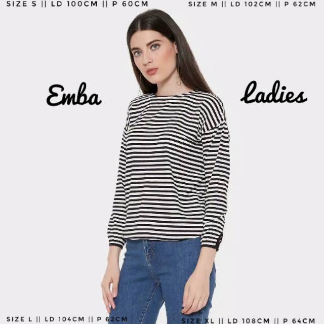 Emba Ladies size S L XL kaos lengan panjang bergaris wanita perempuan remaja cewek tshirt