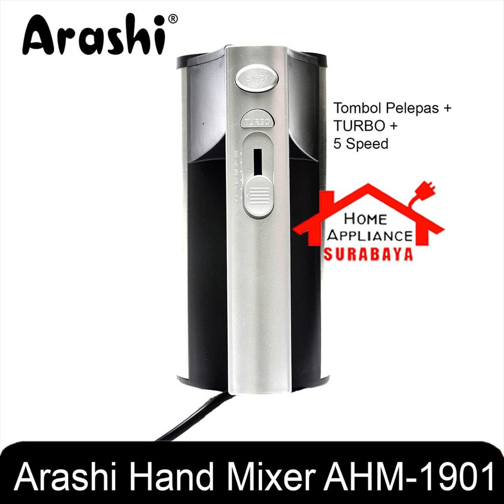 Arashi Hand Mixer Tangan Body Stainless Steel 5 Speed + Turbo 190 Watt AHM 1901