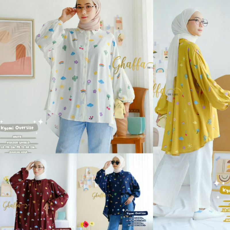 Gaffa Kyomi Blouse Mustard Motif Wanita Kekinian Vintage Viscose Uniqlo Pastel Solo Lengan Panjang H