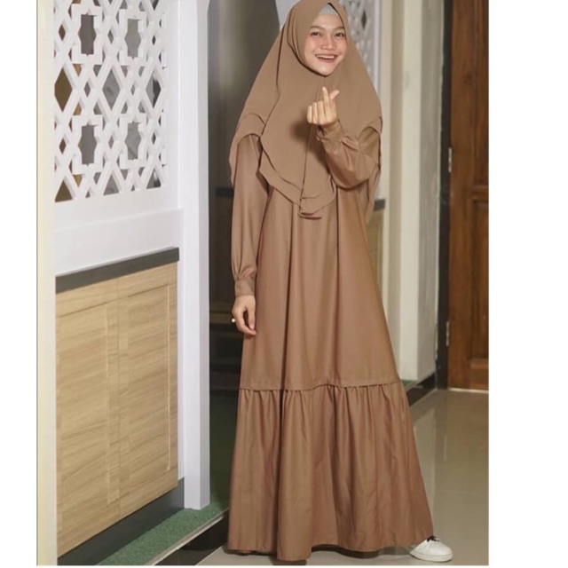 Baju Gamis ruffle toyobo Polos Karet Tangan dan Ikat Pinggang