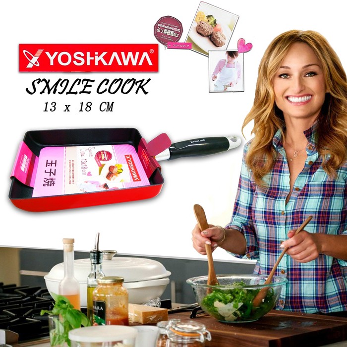 YOSHIKAWA Teflon Penggorengan Egg Pan Kotak Smile Cook 18cm - Merah