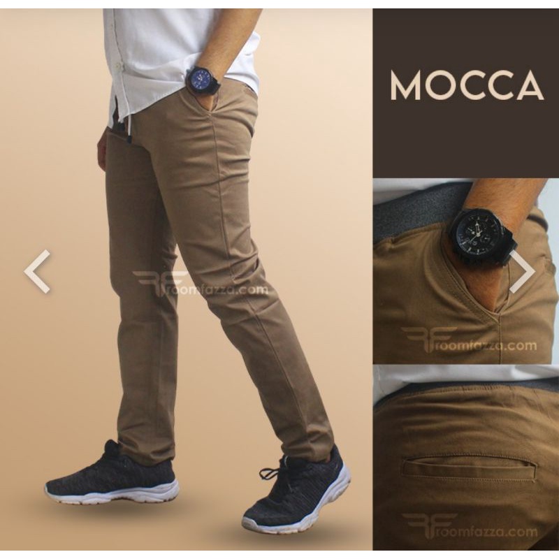 CELANA CHINO PRIA PANJANG SLIMFIT PINGGANG KARET MOCCA ABU HITAM