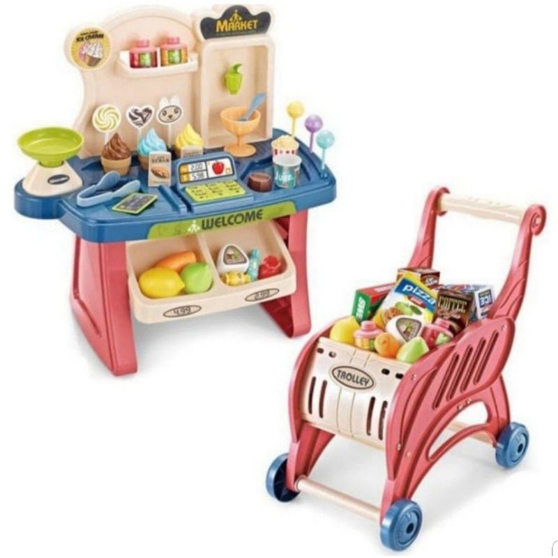  MAINAN  ANAK SUPERMARKET  TROLLEY BLUE SUPER MARKET  TROLI  