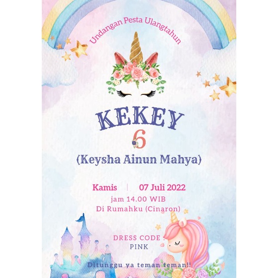 1 Pak 8pcs | Custom Kartu Undangan Ulang tahun ultah tema Unicorn pink