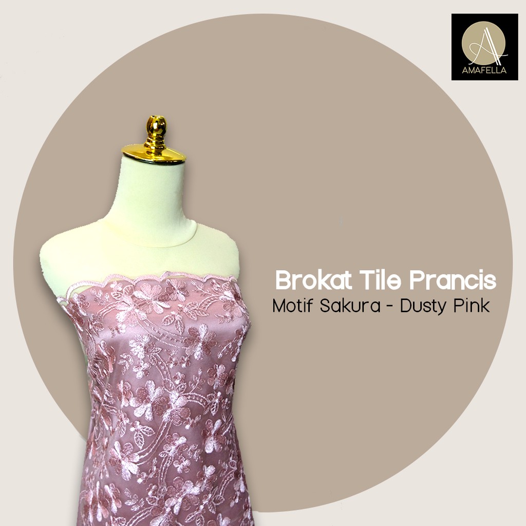 1/2 meter Kain Brokat Brukat Tile Prancis Bahan Kebaya Motif Sakura Warna Dusty Pink Amata