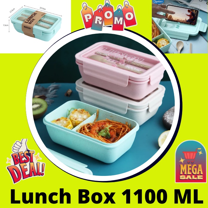 Lunch Box Kotak Bekal Kotak Makan Ompreng Tempat Makan Jerami 1100 ML 2 Sekat Free Sendok Sumpit 1227