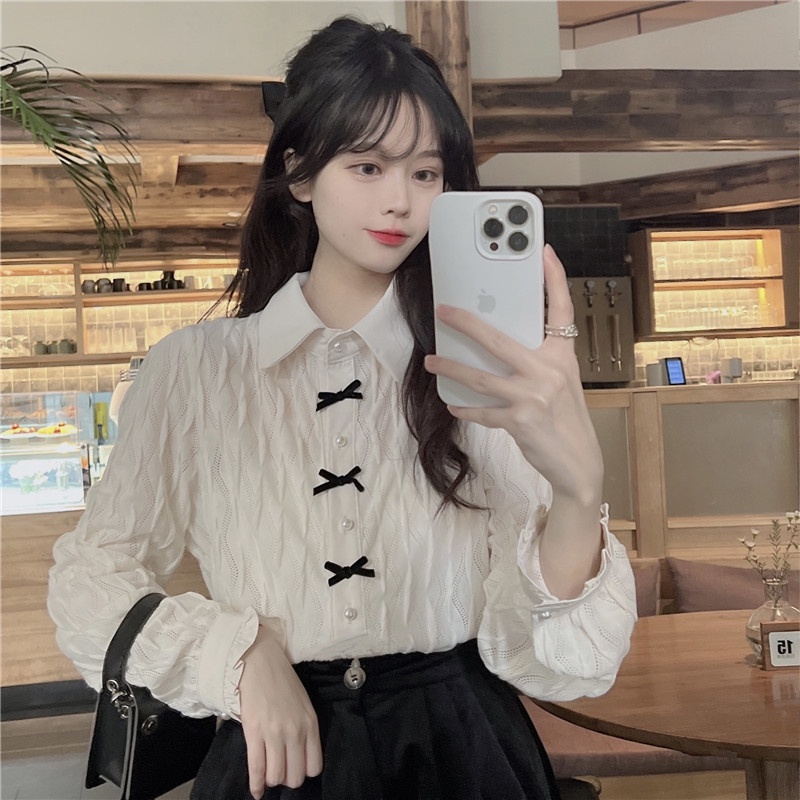 yikoo-Kemeja korea kancing busur elegan shirt blouse wanita atasan