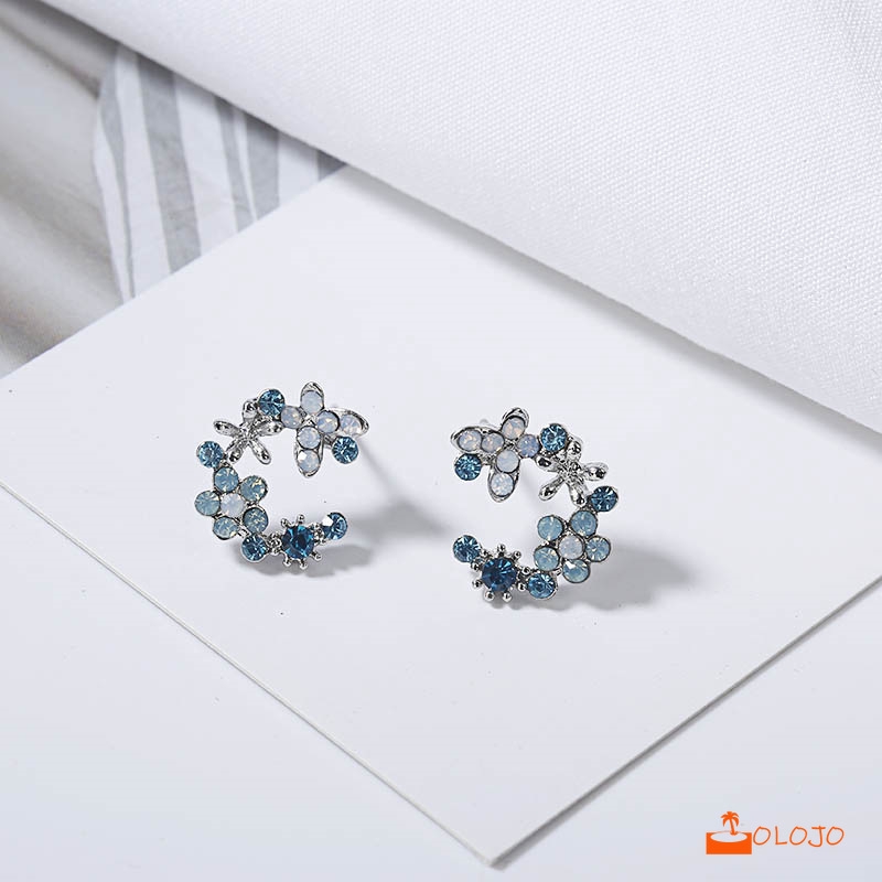 OLOJO    Korea Anting Tusuk Bentuk Giwang Sterling Silver 925 dengan Kristal untuk Wanita