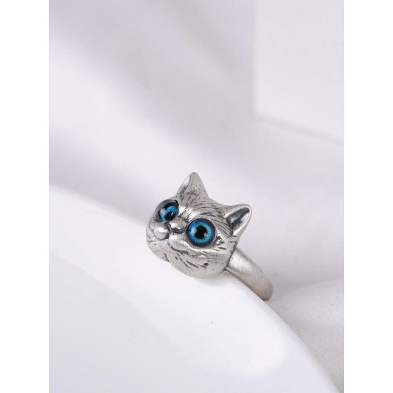 Cincin Wanita Desain Kepala Kucing Mata Besar Gaya Casual Adjustable Untuk Pestahadiah