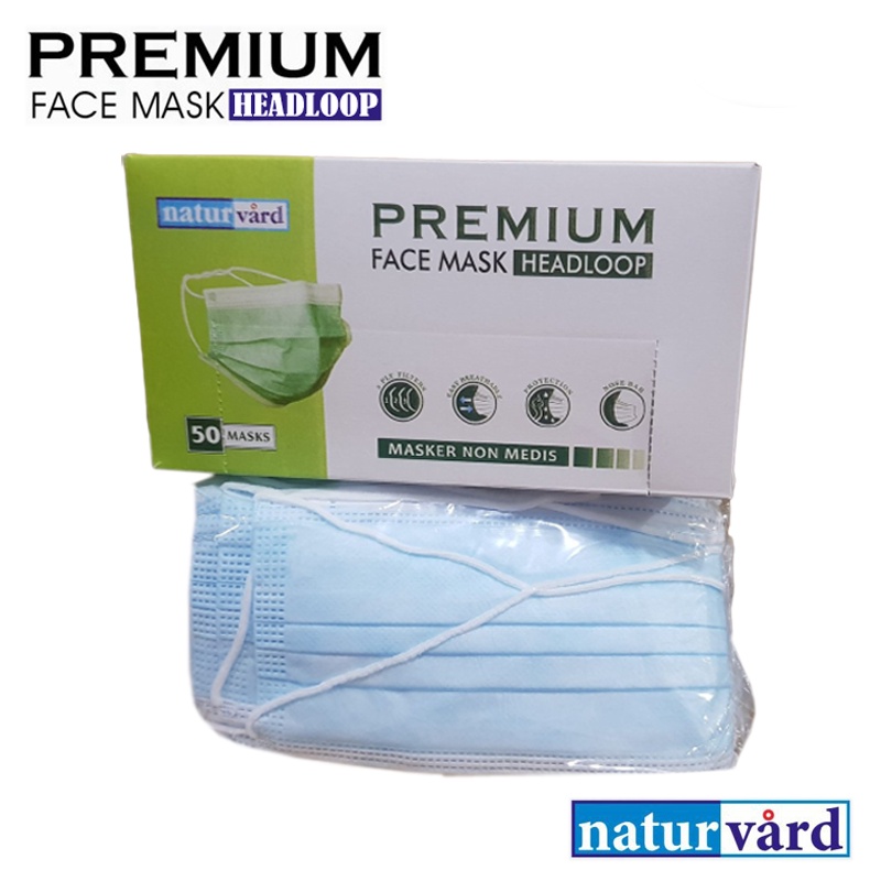 Masker hijab natur vard 50pcs 3ply /hijab masker dewasa / masker headloop disposable face mask murah/ biru/masker polos