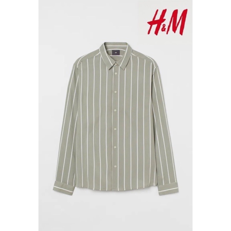 Kemeja Rayon Sage Green Striped Pria/Kemeja hnm murah