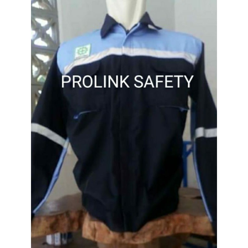 SERAGAM BAJU SAFETY RESLETING DONGKER KOMBINASI BIRU LANGIT BARU BERLOGO K3 BENDERA