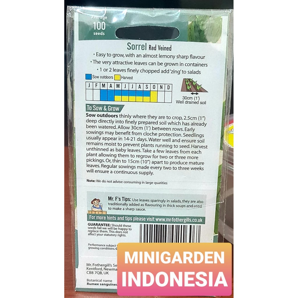 Benih herbal  SORREL RED VENIED PACK 100 BIJI bibit sayur herbal import f1 Mr Fothergills