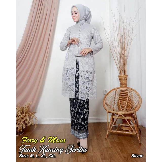 Real pick set kebaya kancing depan ibu besan / Kebaya Jumbo / Kebaya brokat jumbo Ld 120 / Kebaya Tunik sanghay /Kebaya brokat murah / Kebaya tradisional / Kebaya brokat termurah / kebaya ibu hajat-SET SILVER