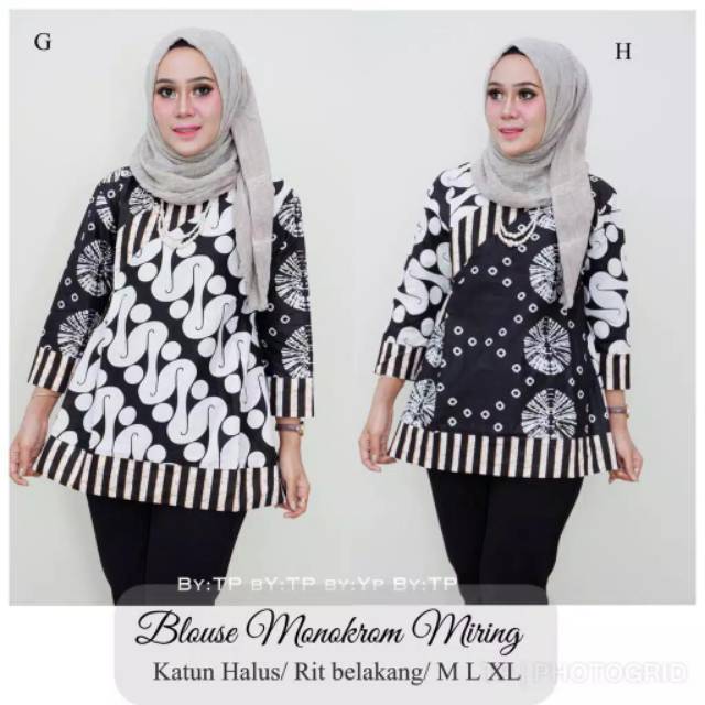 Blus Monokrom Miring Batik Modern Baju Wanita Muslimah Kantor Kasual