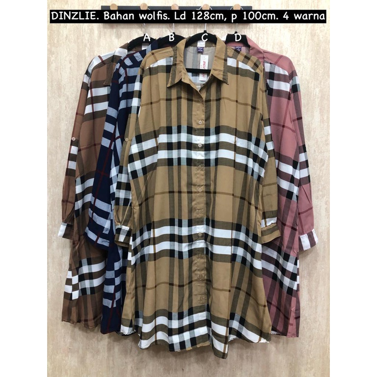 DINZLIESHOP KEMEJA PANJANG DRESS TUNIK BAHAN WOLFIS MOTIF KOTAK BURBERRY JUMBO BIGSIZE XXXL