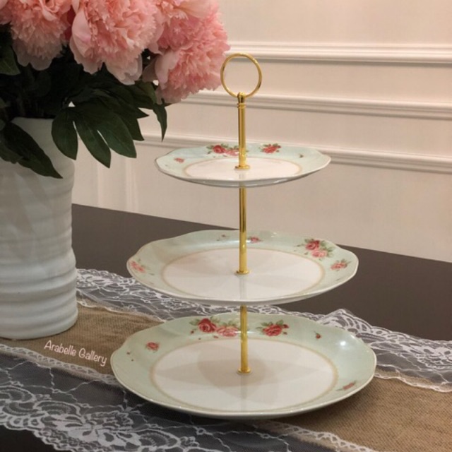 Ceramic 3 tier Cake Stand white tiga tingkat Meja Kue dekor keramik dessert st saint james the rose