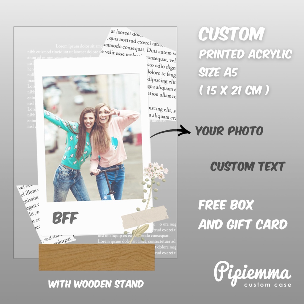 Kado Akrilik Foto Custom Ucapan Foto A5 Hiasan Pajangan Best Friend FREE Stand Kayu BOX dan kartu ucapan pacar