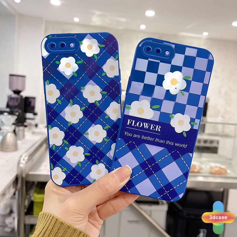 Casing OPPO A15 A54 A5S A3S A16 A95 A7 A5 A9 A31 A53 2020 A12 A1K A16K A54S Reno 4 5F 4F A74 A15S A52 A11K A92 A35 A11 A93 A32 A72 A94 A53S F17 PRO A16S A12S Klein Blue Plaid White Flower Anti-fall Case