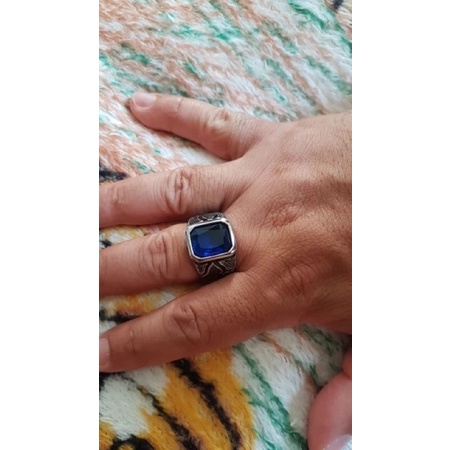 Cincin Batu Safir Royal Blue Saphire Ring Titanium Real Anti Karat Tahan Luntur Motif Retro Apex