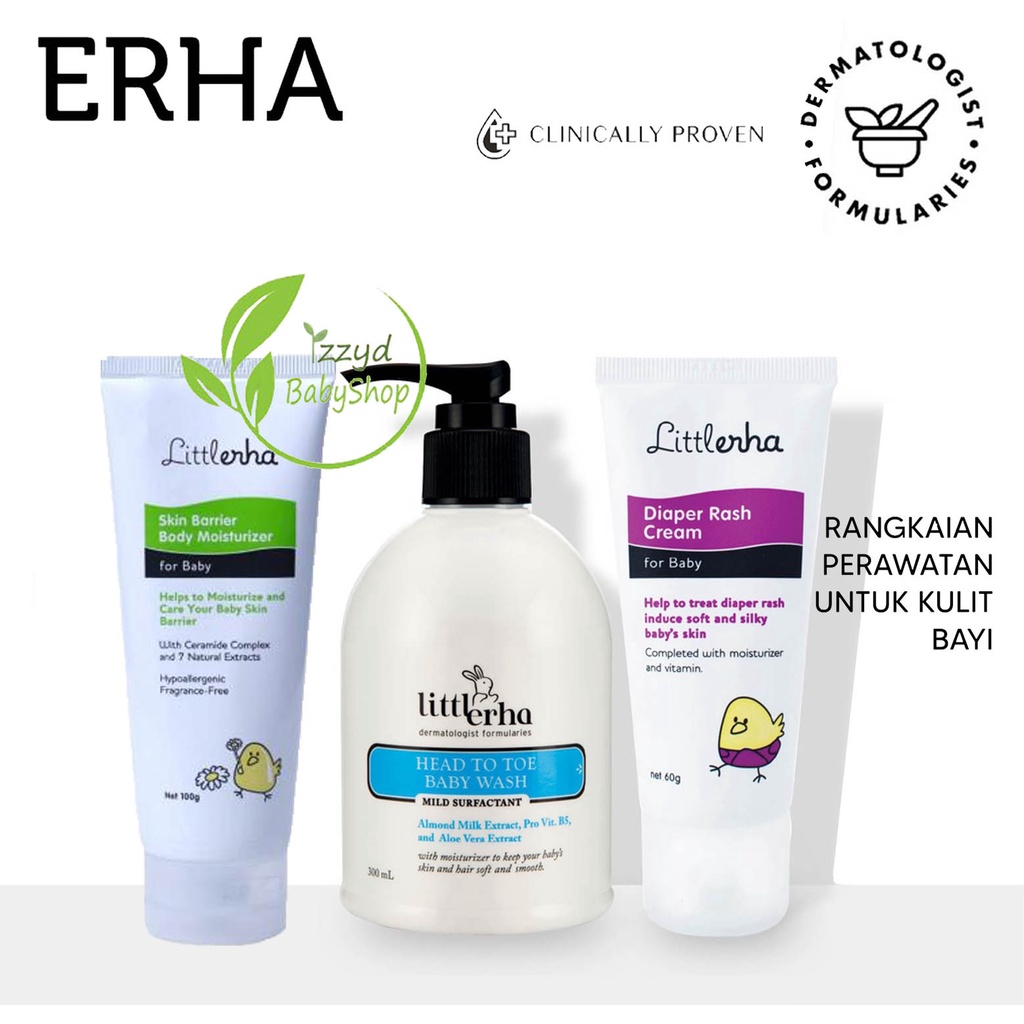 Little Erha Head to Toe Baby Wash 300 ml - Shampoo &amp; Sabun Bayi / Diaper Rash Cream 60gr/Skin barrier body moisturizer 100gr Erha