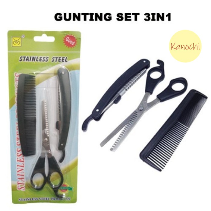 Gunting Sasak Set 3 in 1 3pcs 3in1 + Pisau Alat Cukur Lipat + Sisir