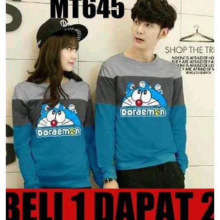 promo!! baju couple/baju pasangan/sweater couple/sweater pasangan doraemon - abu-abu muda terbaru