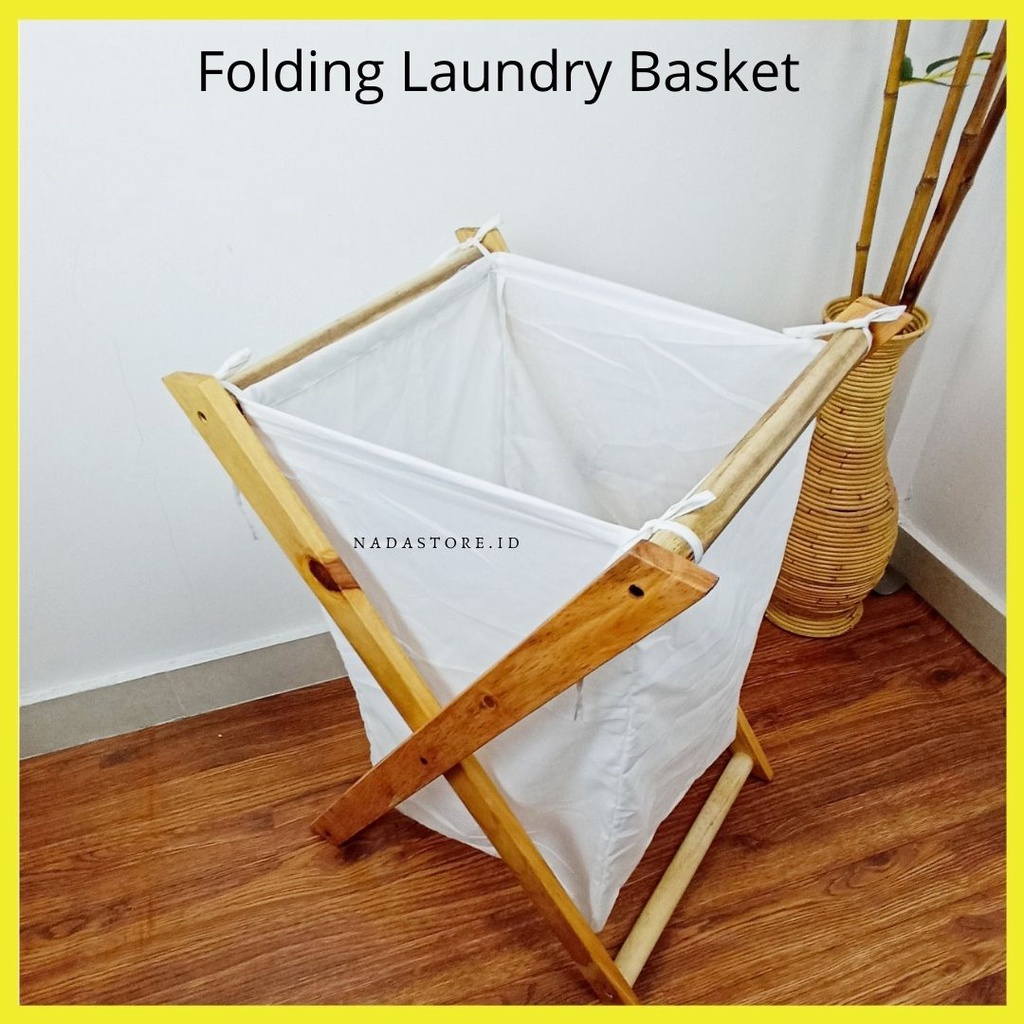 Nadastore - Keranjang Laundry Kayu Aesthetic / Wooden Scandi Laundry Bag Tinggi 60 x 45 cm /  Portable and Collapsible Folding Clothes Basket Storage with Removable Poly/Cotton Liner Fabric Bag