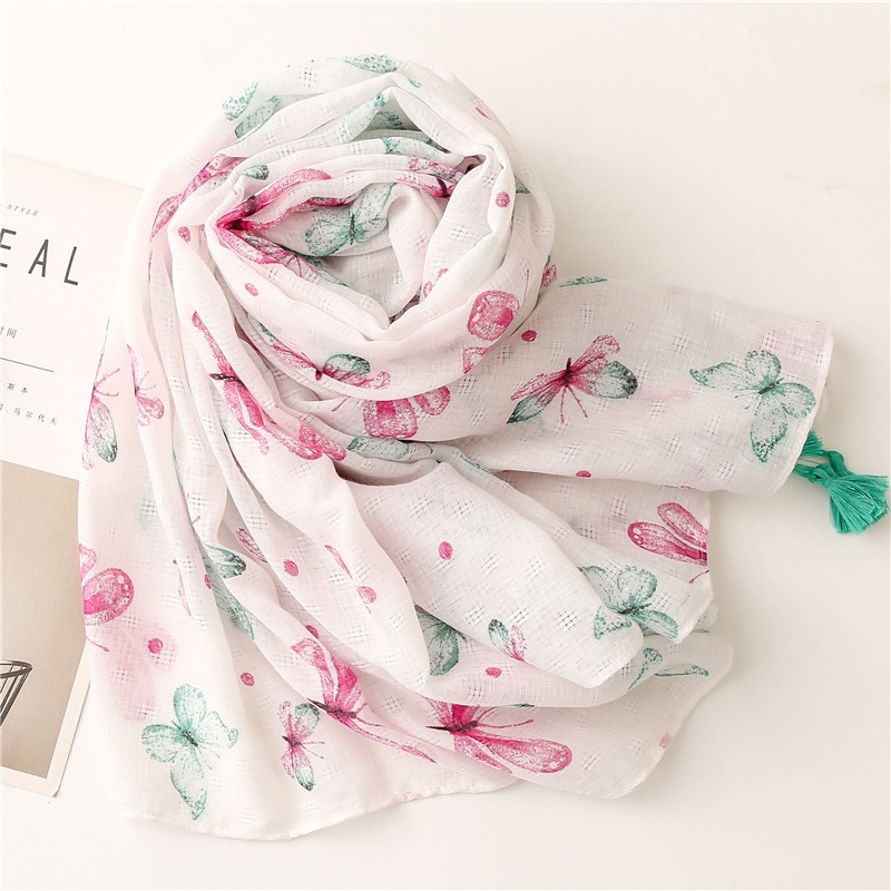 ITSFRIDAY JESSIE Scarf - Premium Pashmina Shawl Selendang Syal Pasmina Hijab Import Motif Art Butterfly Pink Tosca Tassel