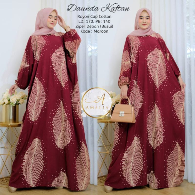 Kaftan Wanita - Daunda Kaftan Size Jumbo XXXXL Motif Daun Lengan Panjang Busui Resleting by Batik AW / Gamis Rayon Jumbo Kaftan Terbaru