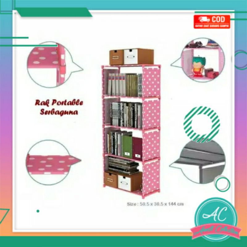 Rak buku portable sepatu tas kantor portable 5 susun 4 ruang tingkat jumbo serbaguna