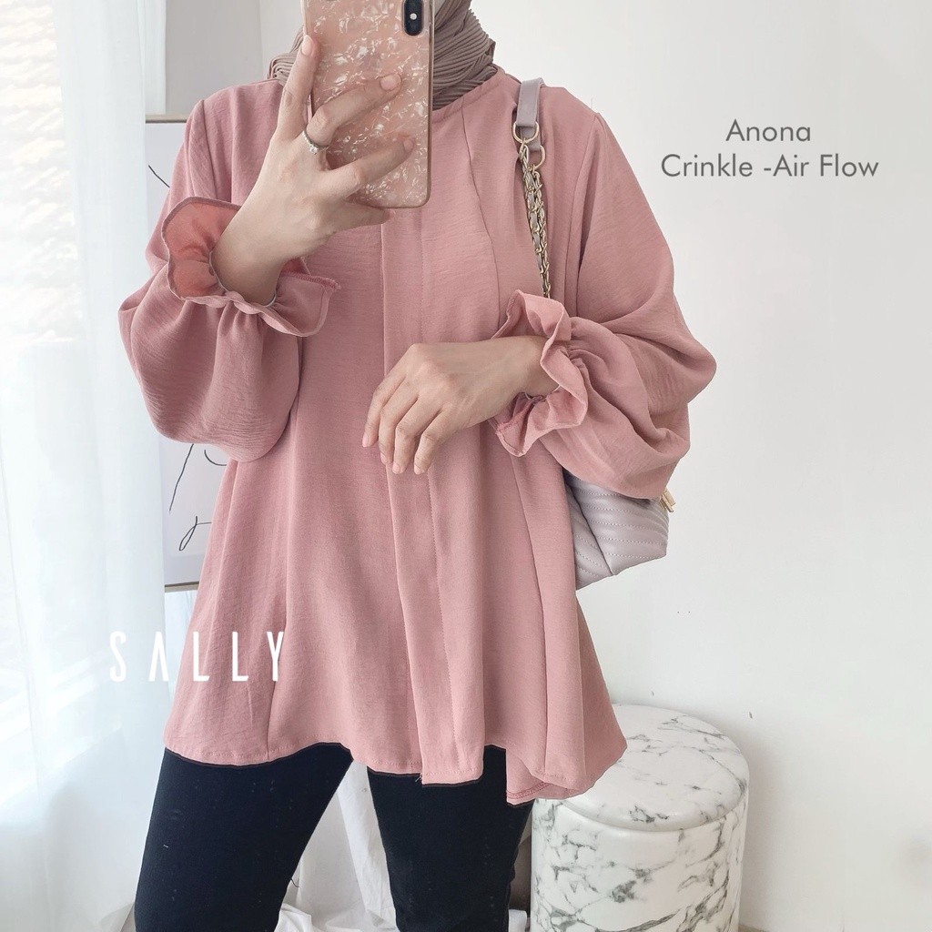 Anona crinkle airflow blouse wanita busui full kancing / oversized
