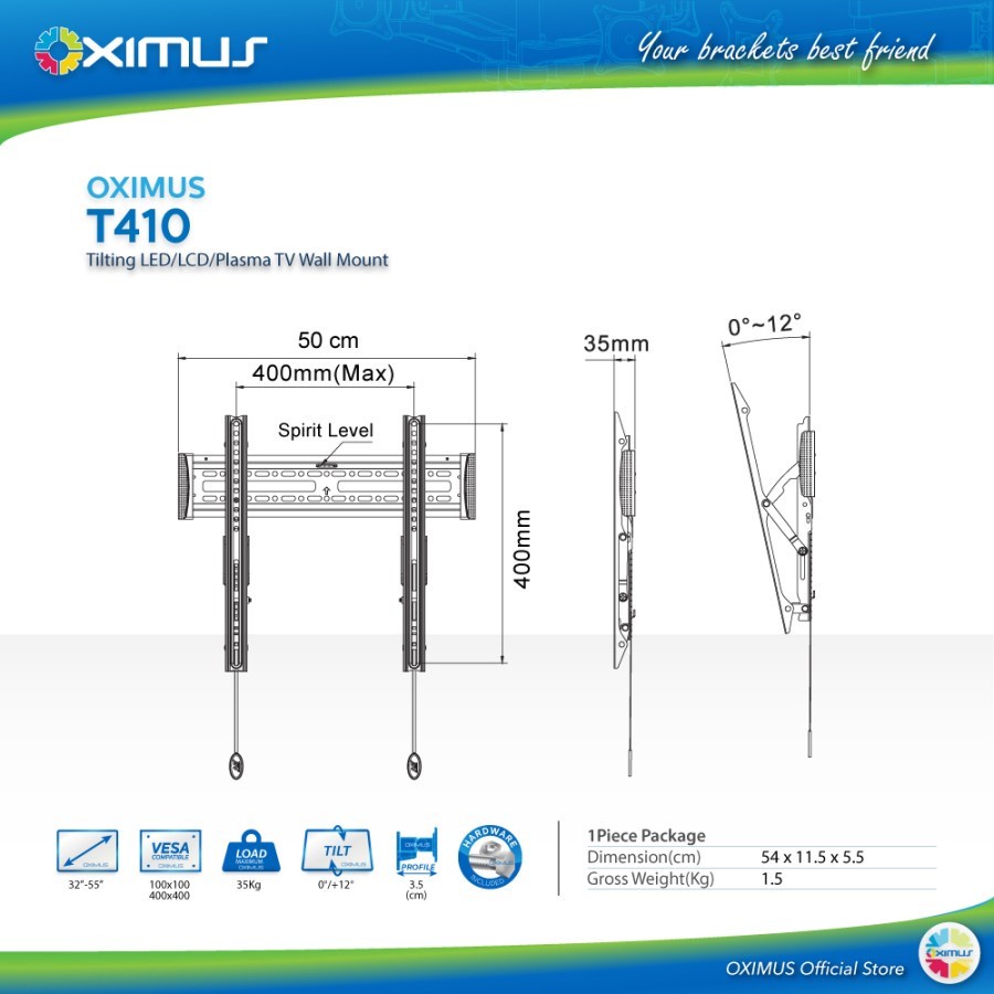 BRACKET TV LED LCD MONITOR 32&quot;-55&quot; OXIMUS T410 WALL MOUNT TILT