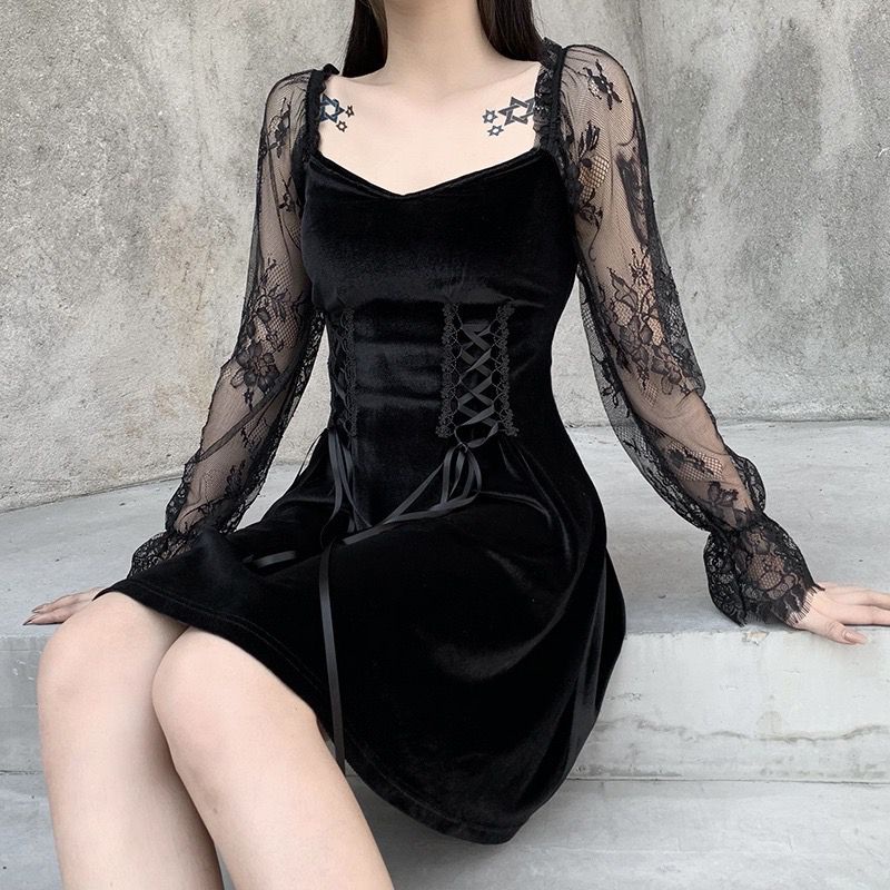 Gothic Vintage Grunge Layerder Lace Black Velvet Dress 8468 (S/M/L)