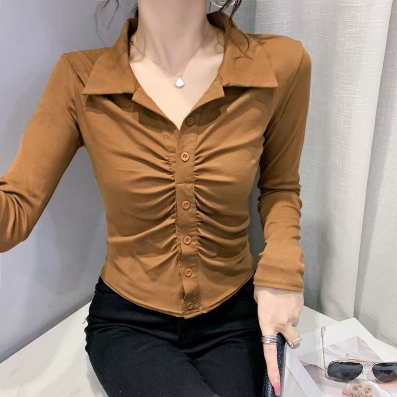 French retro bottoming shirt wanita musim semi dan musim gugur 2022 baru slim fit temperamen pendek Polo collar rajutan top