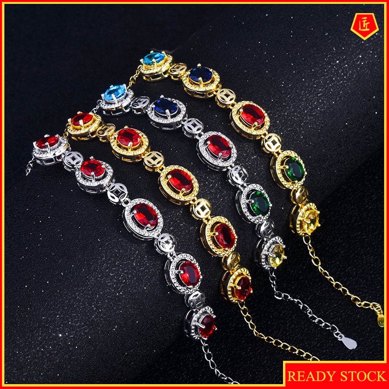 [Ready Stock]Luxury 18K Gold Ruby Inlaid Colored Gems Bracelet