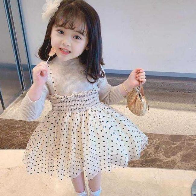 OVERALL DRESS TILE POLKADOT ANAK BAYI PEREMPUAN LENGAN PANJANG BEIGE