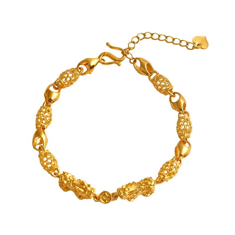 Goldkingdom Fashion Perhiasan Emas Asli Kadar 375 Bangkok Aksesoris Ready Stock Jinlinglong PI Xiu Gelang Berkah Retro Pria Dan Wanita Gelang Berongga Berdoa