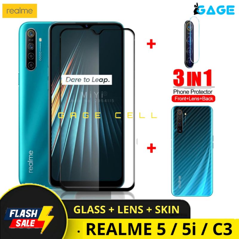 3IN1 TEMPERED GLASS LAYAR KAMERA SKIN CARBON REALME 5 5i C3 TG ANTI GORES FULL SCREEN PROTECTOR