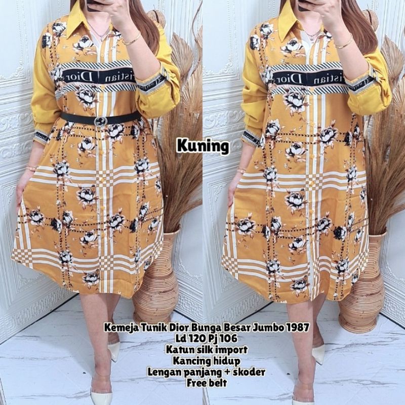 Kemeja Tunik Dior Bunga Besar Jumbo B.1987 Kuning 124.000 Detail di pict