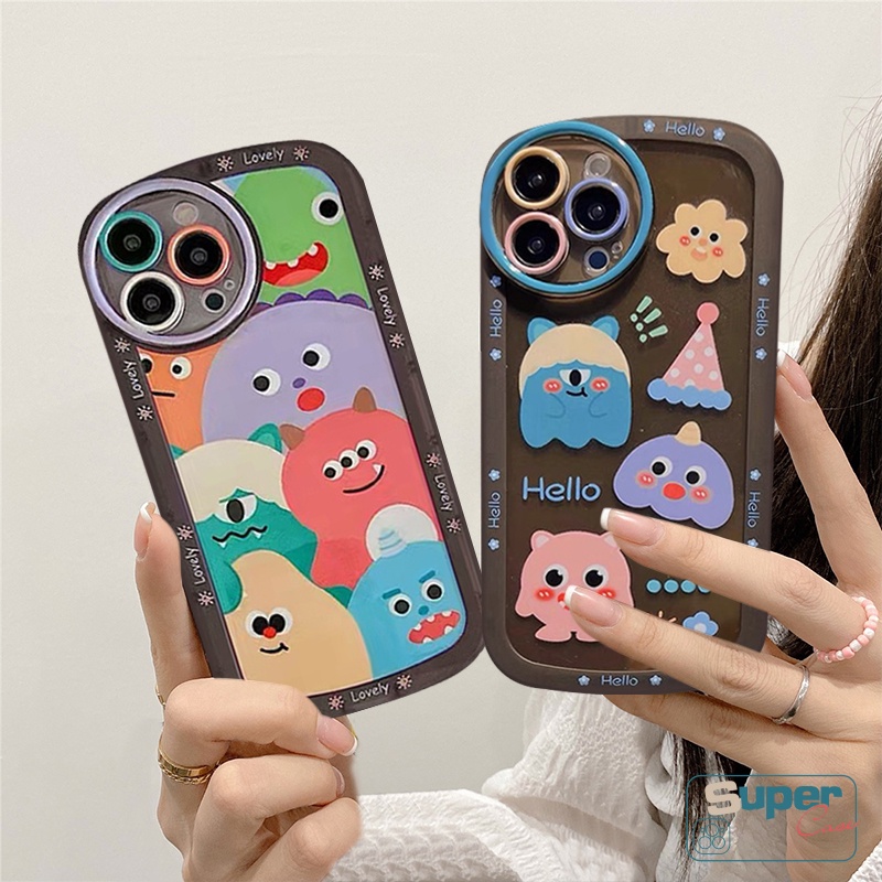 IPHONE Kartun Monster Kecil Bulat Pelindung Lensa Shockproof Phone Case Kompatibel Untuk Iphone7 8 6 6s Plus 14 11 13 12 Pro MAX XR XS MAX X SE 2020grafiti Lucu Lembut TPU Penutup Belakang